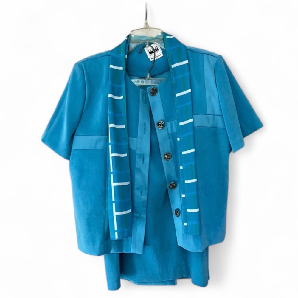 Vintage Leslie Fay Blue Skirt Suit Set With Decorative Sash Scarf
